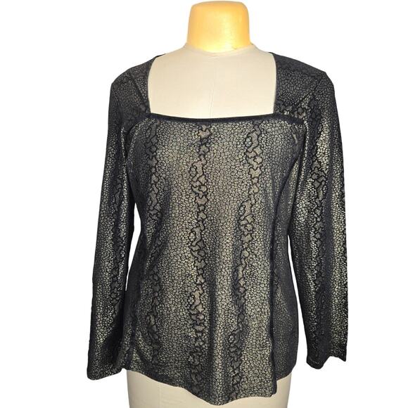 Tribal Womens XL Top Stretch Black Gold Long Sleeve Faux Snakeskin Pattern Geo - Picture 1 of 10